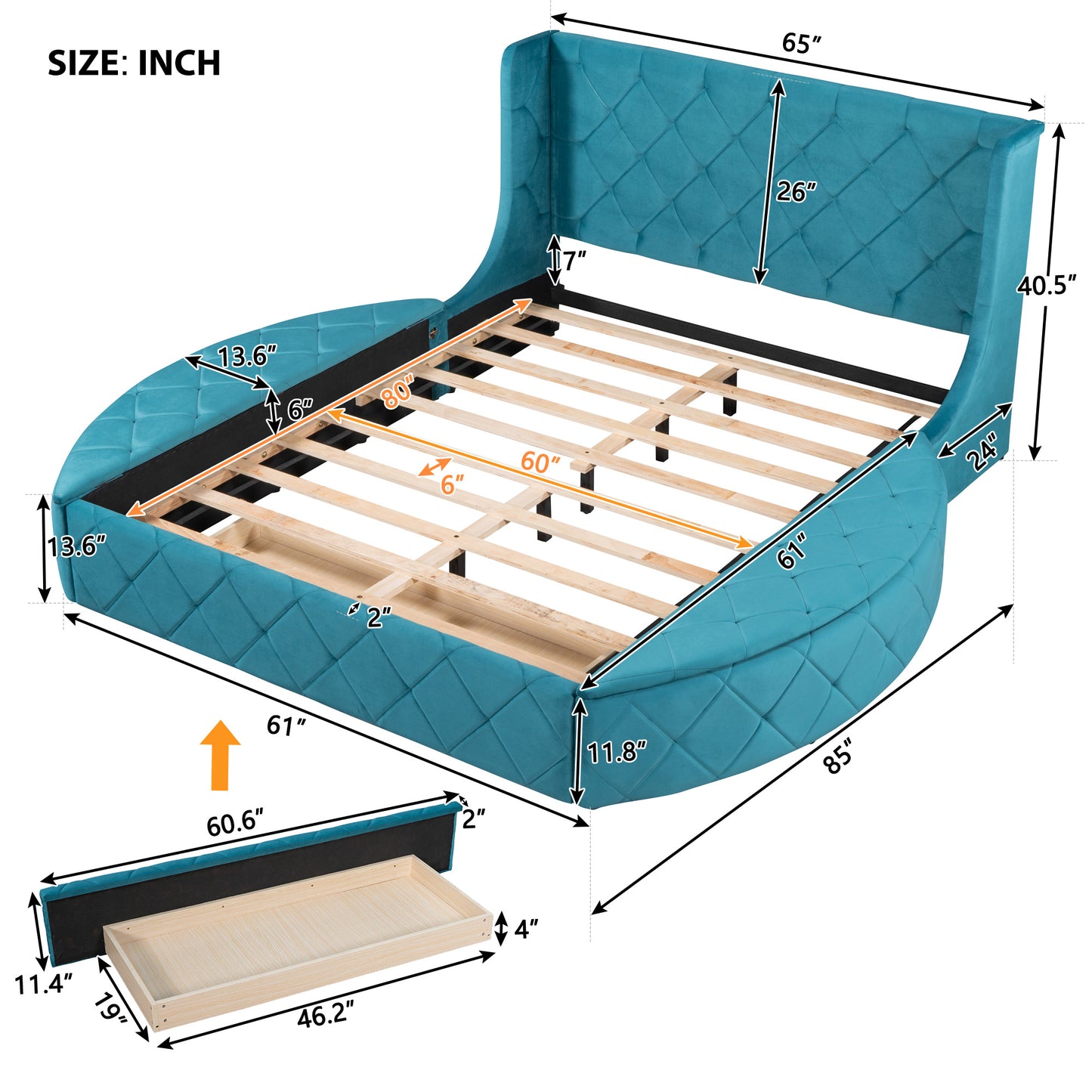 Upholstered Platform Bed Queen Size Storage Velvet Bed with Wingback Headboard and 1 Big Drawer; 2 Side Storage Stool