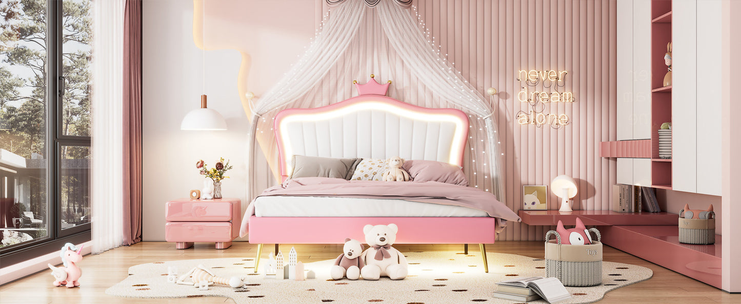 Queen Size Upholstered Bed Frame with LED Lights,Modern Upholstered Princess Bed With Crown Headboard,White+Pink