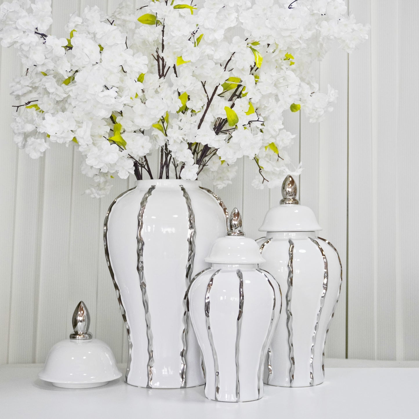 White Ginger Jar with Silver Ornament