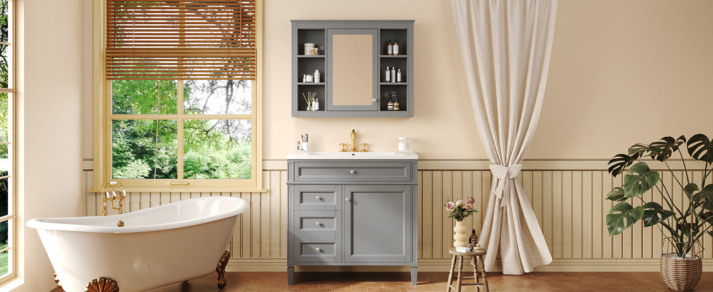 36'' Bathroom Vanity with Medicine Cabinet, Royal Blue Mirror Cabinet, Modern Bathroom Storage Cabinet with 2 Soft Closing Doors and 4 Drawers, Single Sink Bathroom Vanity - Divine Heart L.A.