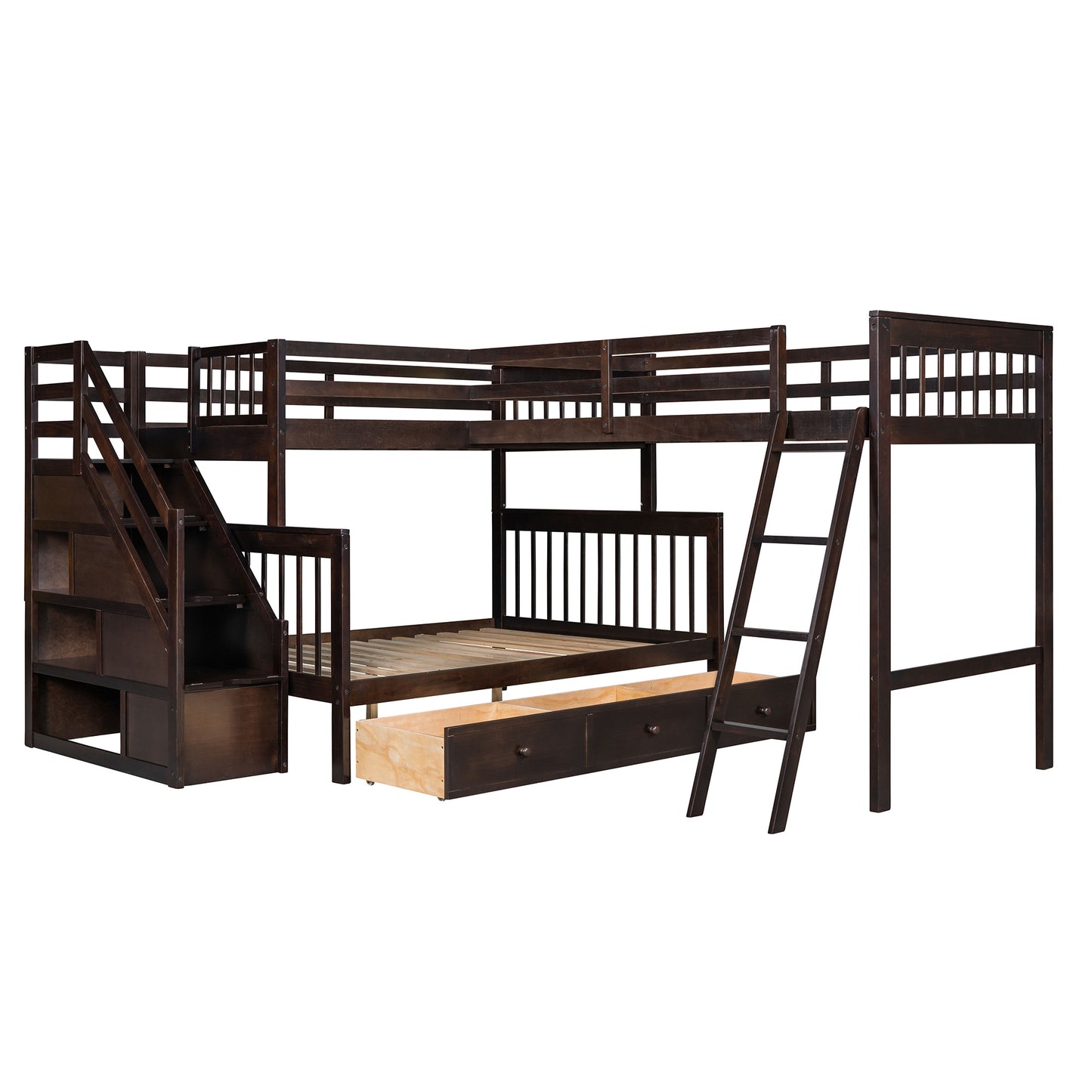 Twin over Full L-Shaped Bunk Bed With 3 Drawers, Ladder and Staircase