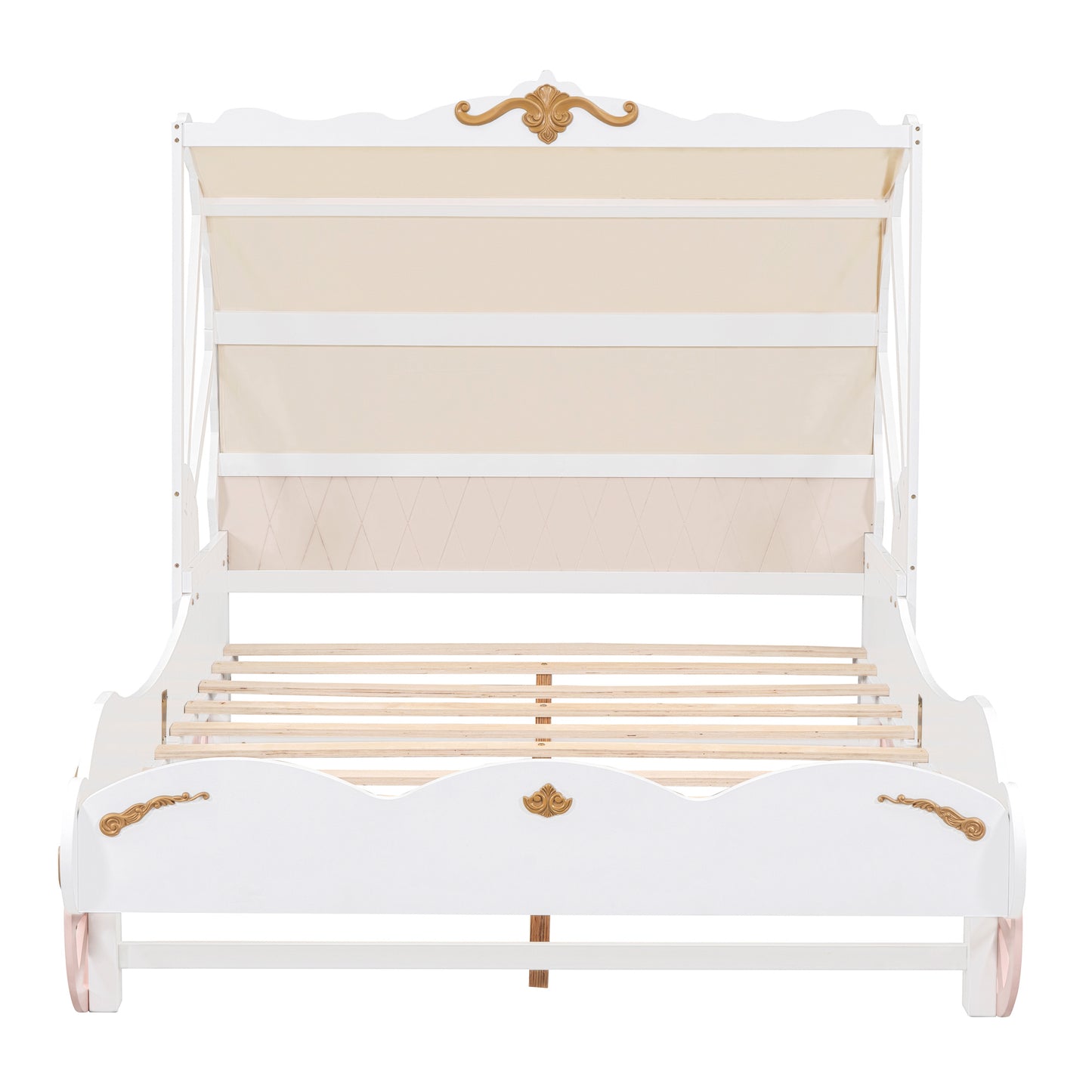 Full Size Princess Carriage Bed with Canopy, Wood Platform Car Bed with 3D Carving Pattern, White+Pink+Gold