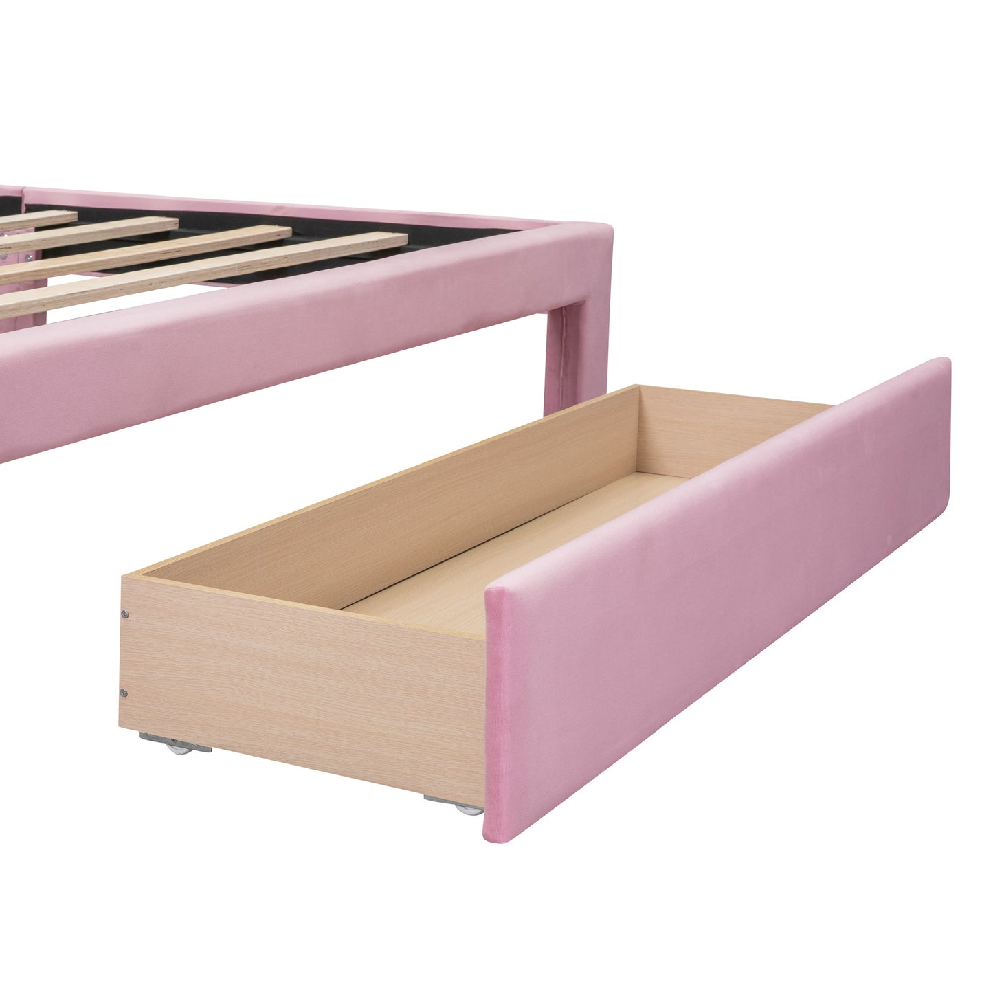 Queen Size Storage Bed Velvet Upholstered Platform Bed with a Big Drawer - Pink