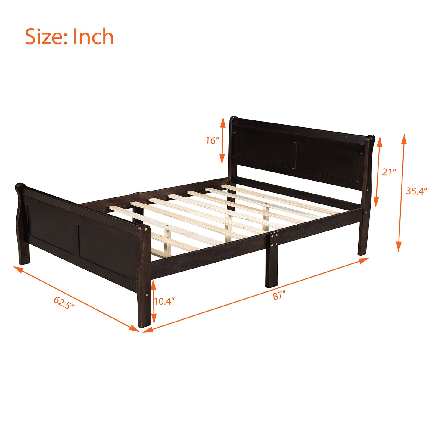 Queen Size Wood Platform Bed with Headboard and Wooden Slat Support