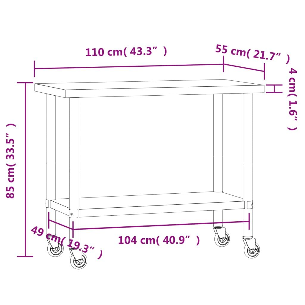 Kitchen Work Table with Wheels 43.3"x21.7"x33.5" Stainless Steel