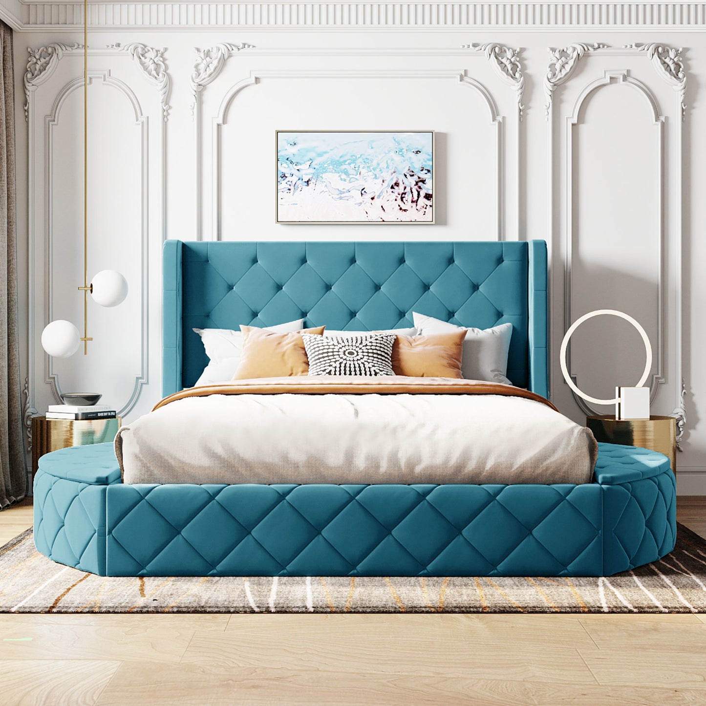 Upholstered Platform Bed Queen Size Storage Velvet Bed with Wingback Headboard and 1 Big Drawer; 2 Side Storage Stool