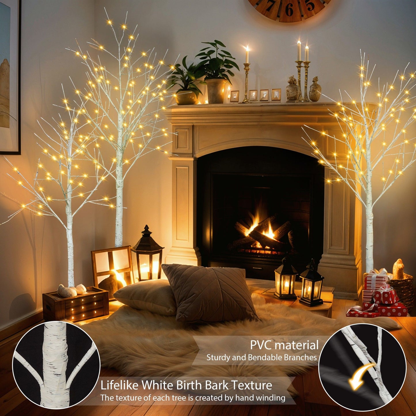 4FT, 5FT, 6FT Artificial Lighted Birch Tree Set of 3 with Warm LED Lights, Christmas, Party Decor