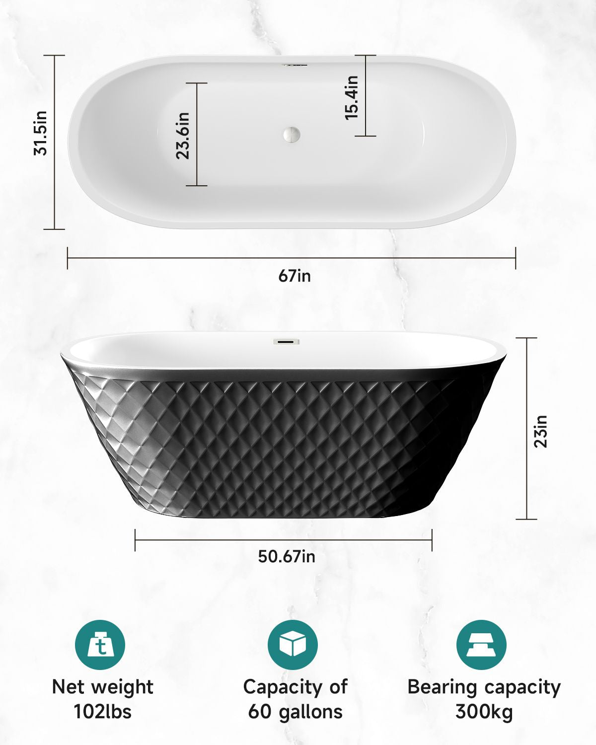 67'' Acrylic Freestanding Diamond Pattern Soaking Tub in Black Finish with Brushed Nickel Overflow and Pop-up Drain CUPC Certificate