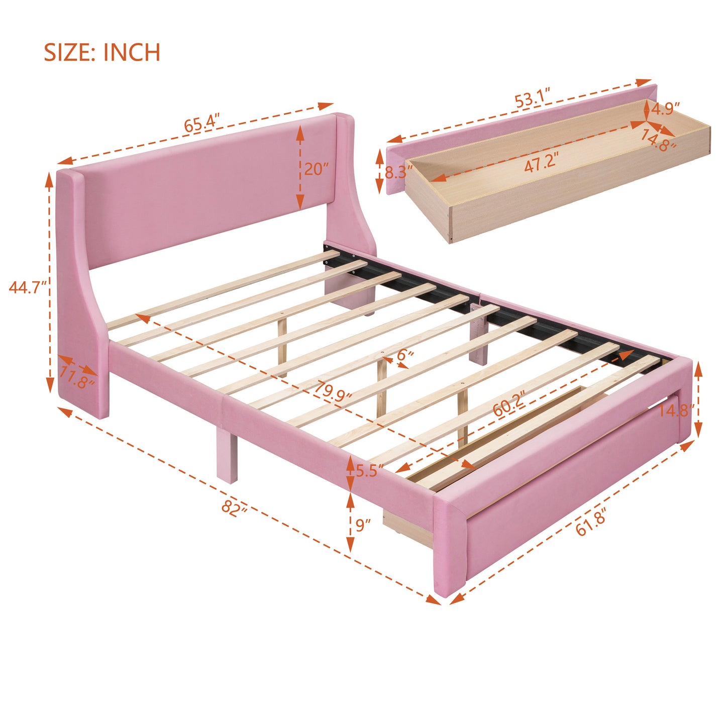 Queen Size Storage Bed Velvet Upholstered Platform Bed with a Big Drawer - Pink