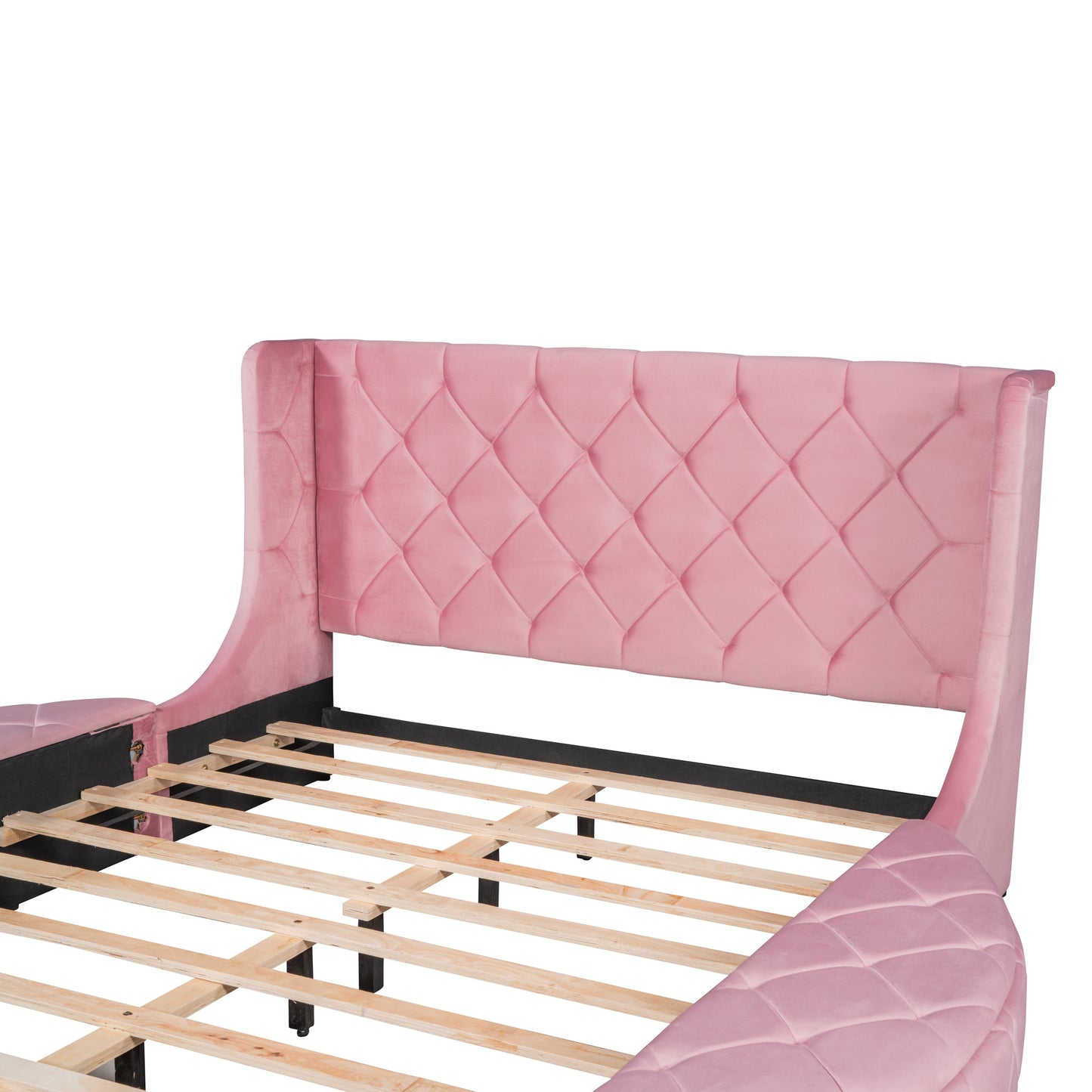 Upholstered Platform Bed Queen Size Storage Velvet Bed with Wingback Headboard and 1 Big Drawer; 2 Side Storage Stool