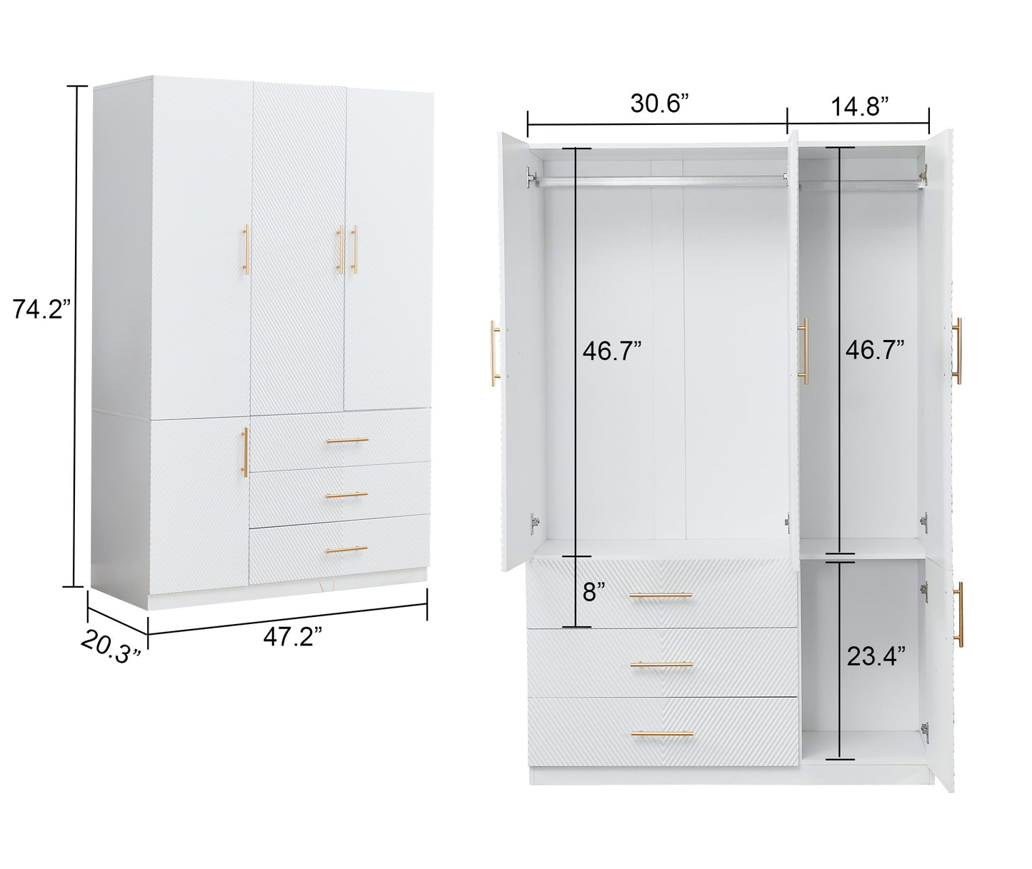 74.2" H 3-Door 3-Drawer White Wood Wardrobe Armoire Closet Modern Freestanding Bedroom Armoire Organizer with Hanging Rod Shelves Clothes Cabinet for Bathrooms Clothes Shoes Storage