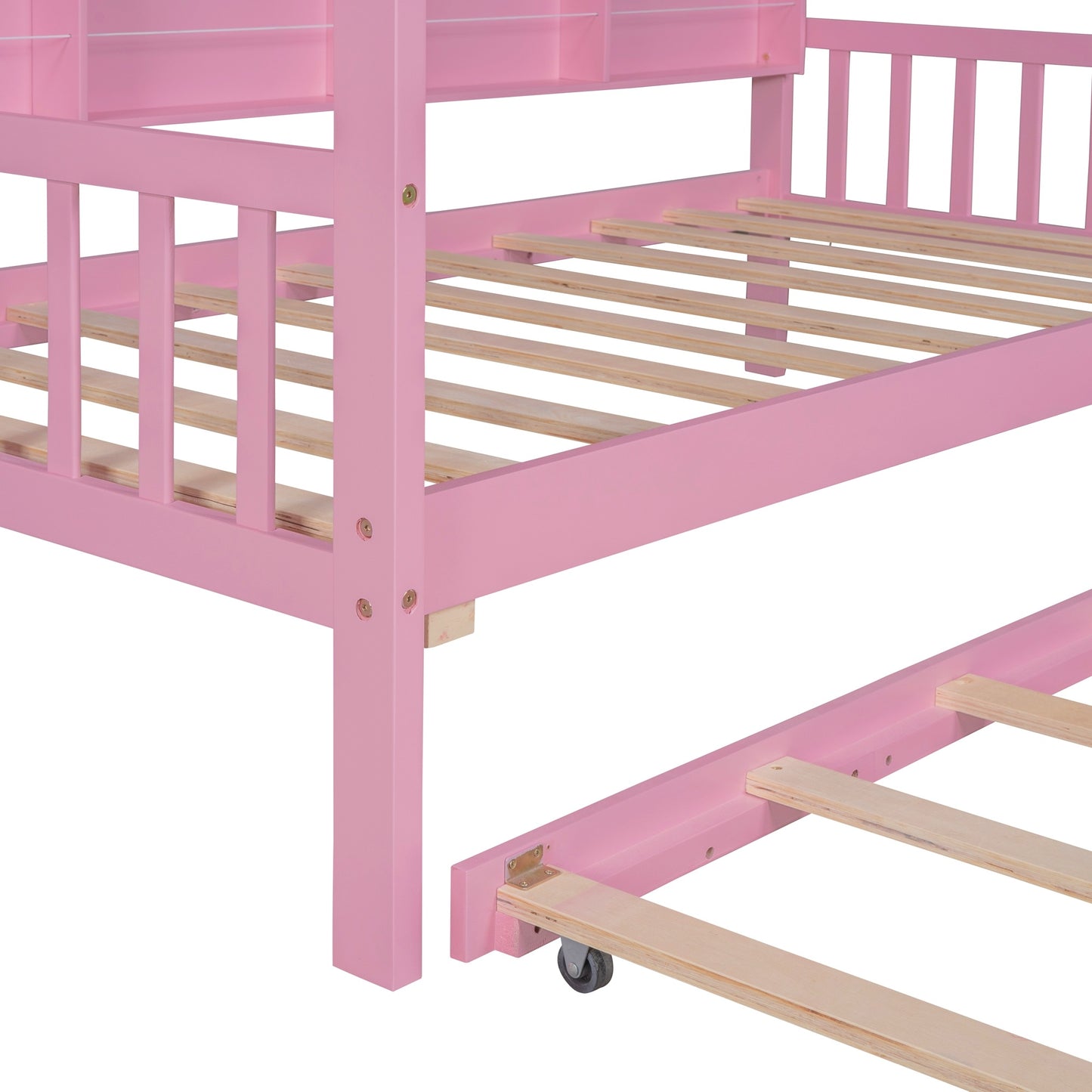 Wooden Twin Size House Bed with Trundle,Kids Bed with Shelf