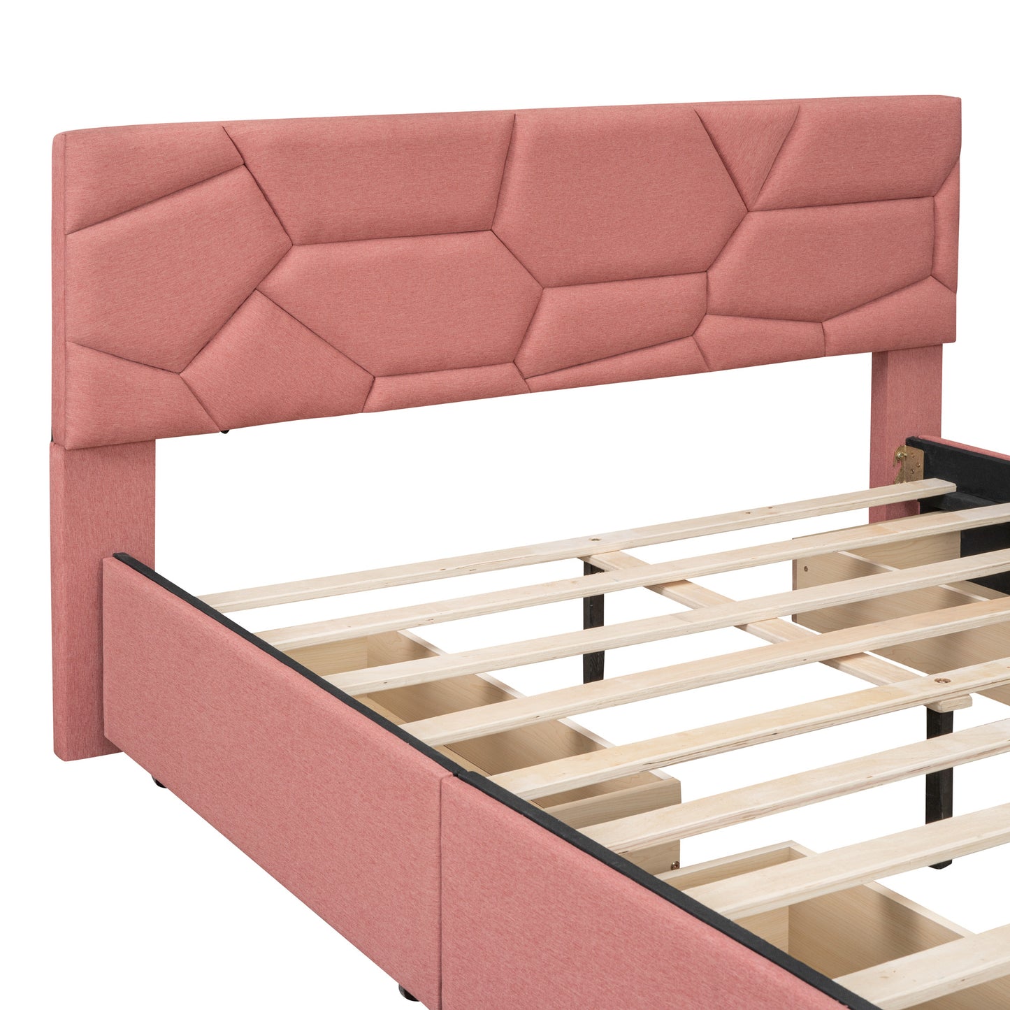 Queen Size Upholstered Platform Bed with Brick Pattern Headboard and 4 Drawers, Linen Fabric, Pink