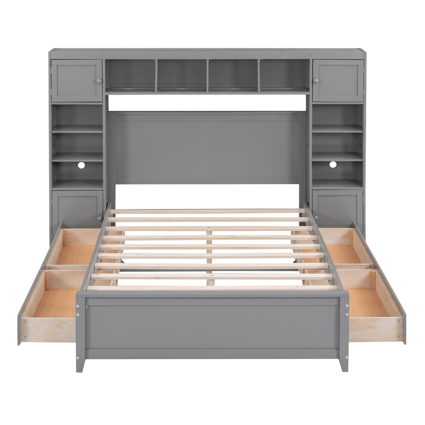 Full Size Wooden Bed With All-in-One Cabinet and Shelf