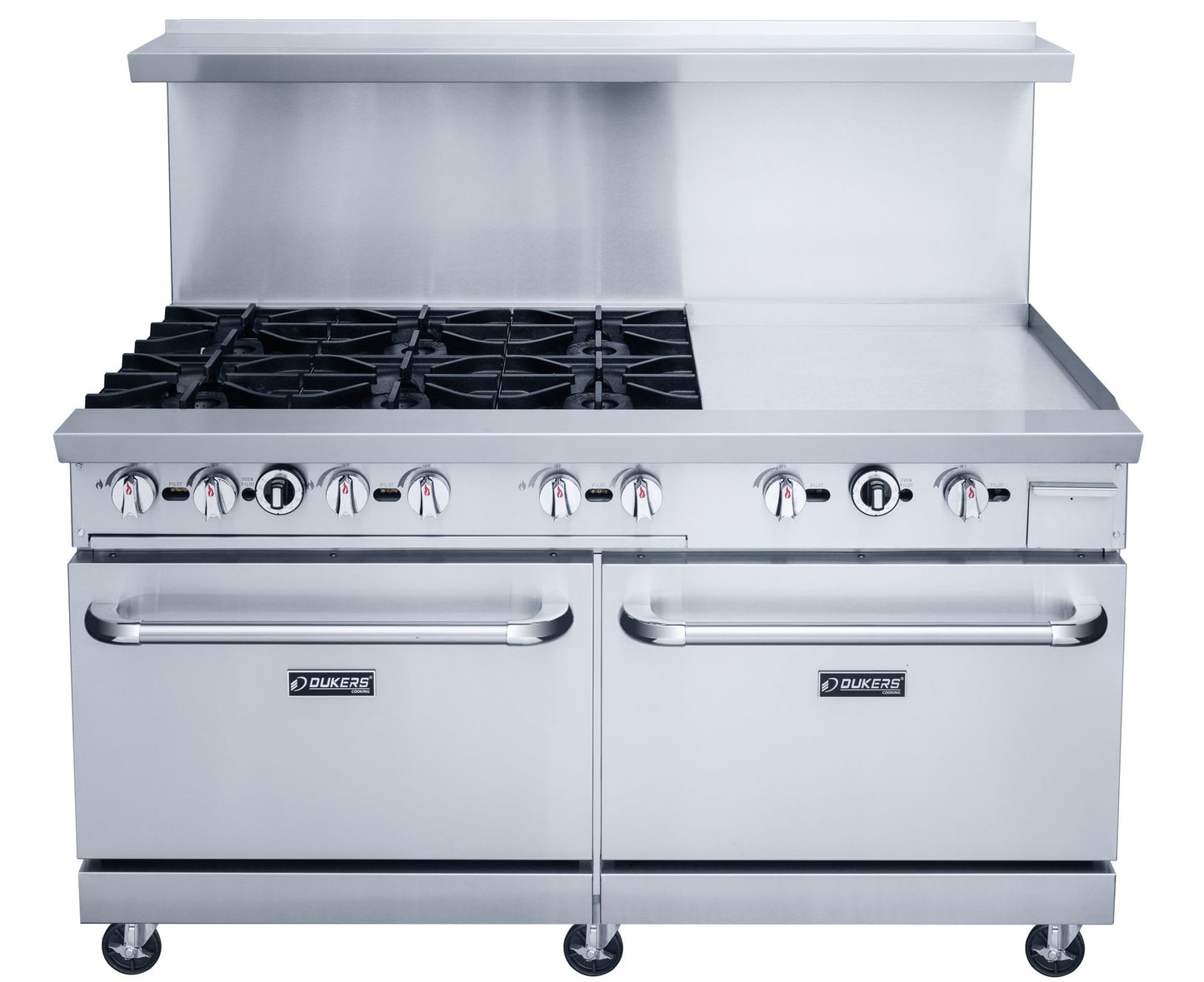 Dukers Commercial 60" Combination 6 Burners Hot Plate and 24" Griddle Top with 2 Oven Combination Cabinet in Stainless Steel