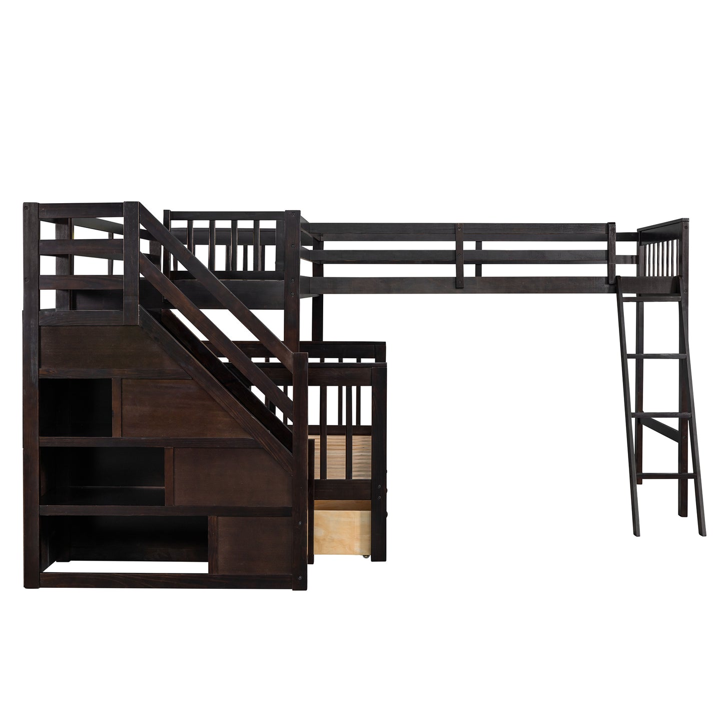 Twin over Full L-Shaped Bunk Bed With 3 Drawers, Ladder and Staircase