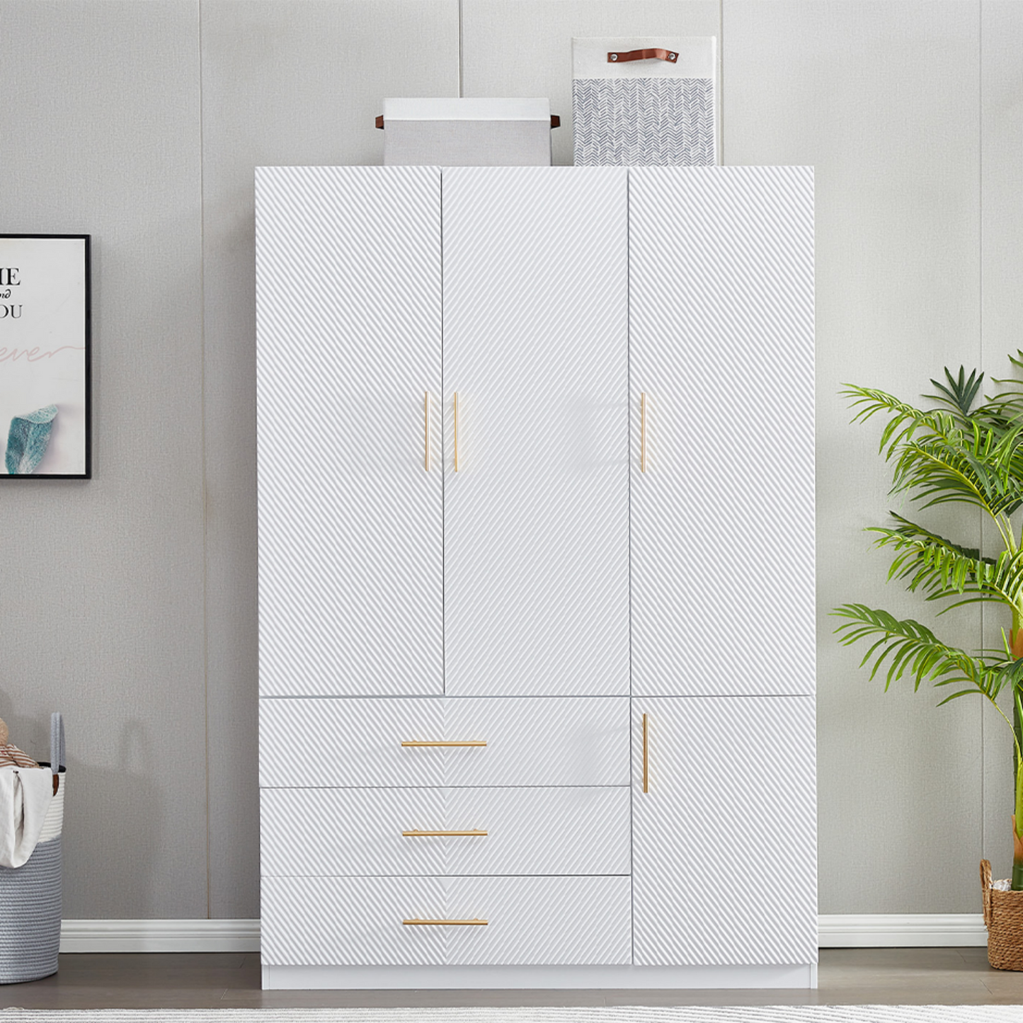 74.2" H 3-Door 3-Drawer White Wood Wardrobe Armoire Closet Modern Freestanding Bedroom Armoire Organizer with Hanging Rod Shelves Clothes Cabinet for Bathrooms Clothes Shoes Storage