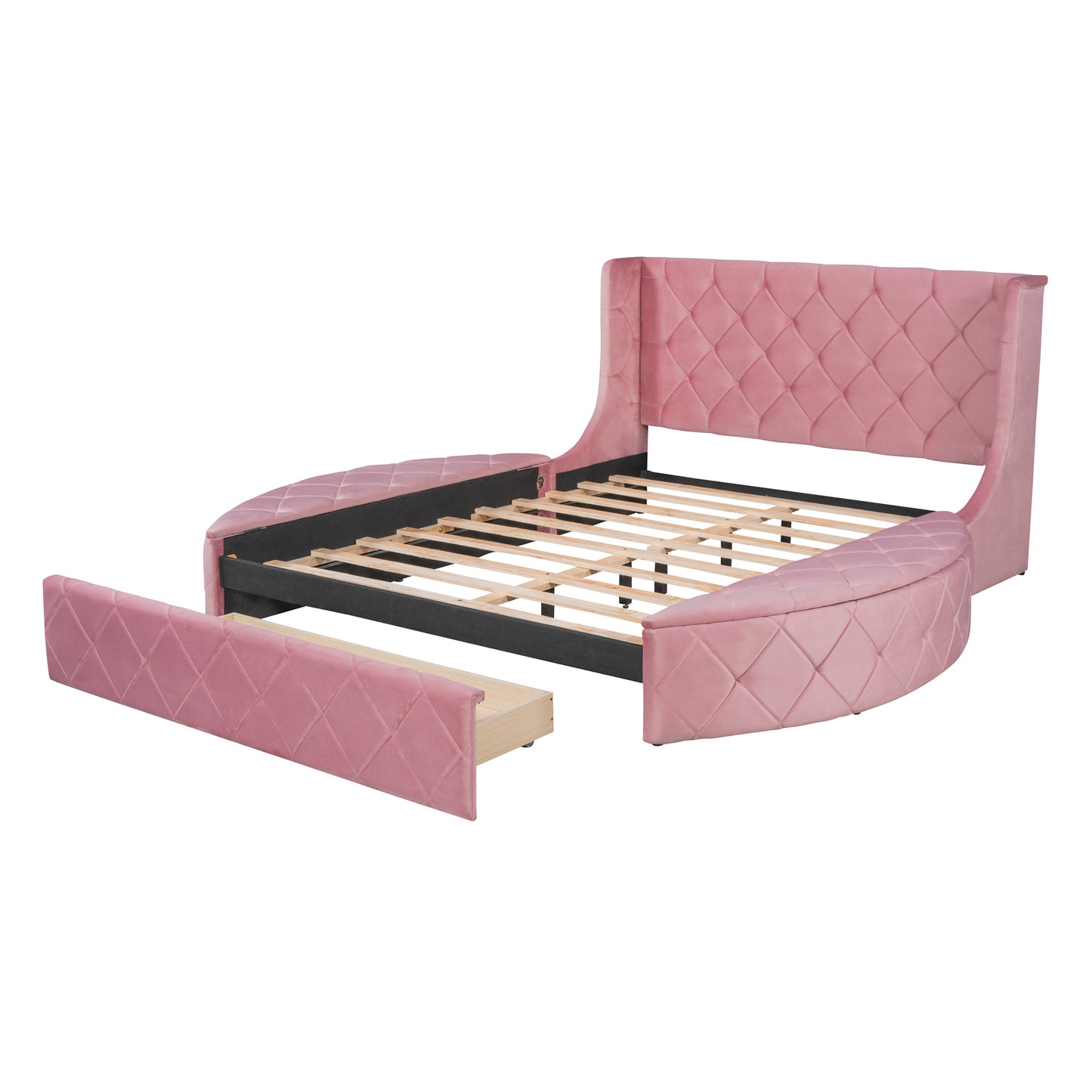 Upholstered Platform Bed Queen Size Storage Velvet Bed with Wingback Headboard and 1 Big Drawer; 2 Side Storage Stool