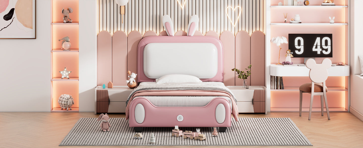 Twin size Upholstered Rabbit-Shape Princess Bed ,Twin Size Platform Bed with Headboard and Footboard