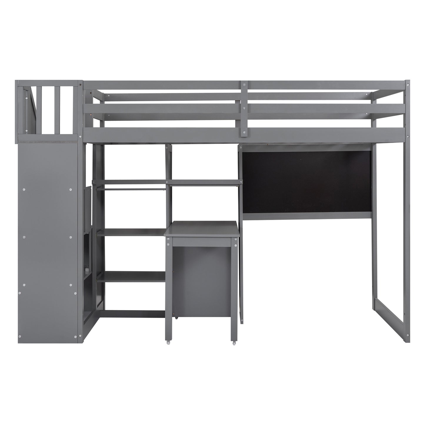 Twin Size Loft Bed with Pullable Desk and Storage Shelves; Staircase and Blackboard