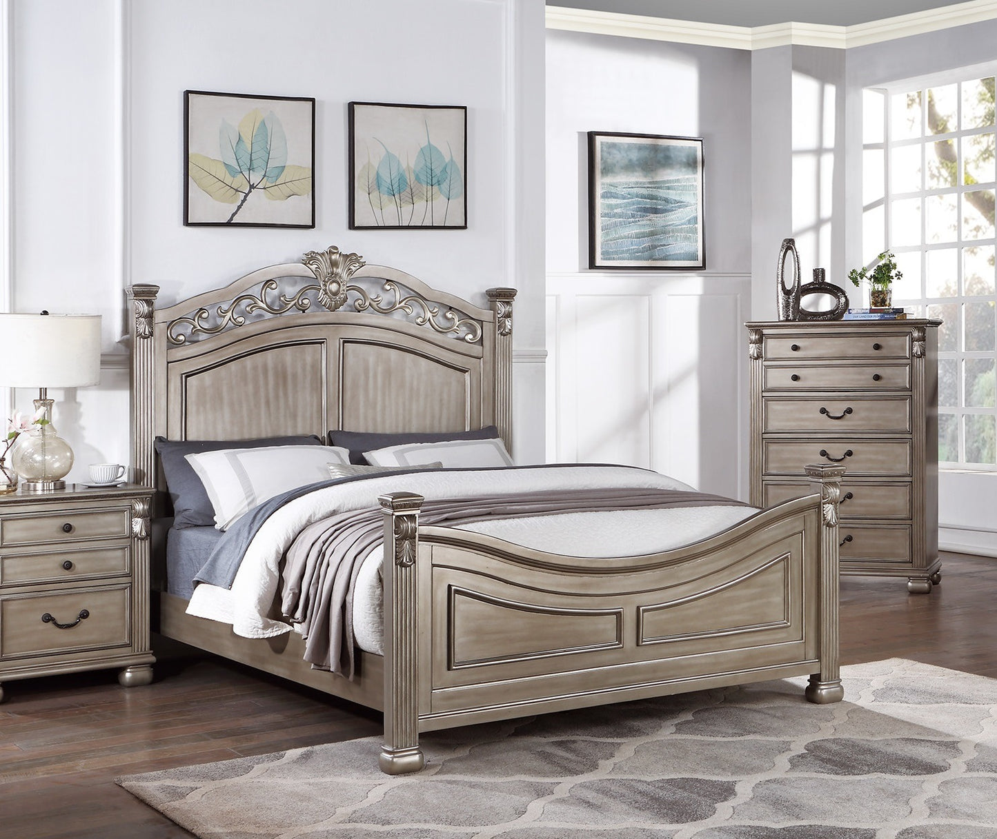 Formal Traditional Antique Silver 1pc California King Size Bed Unique Design Headboard Footboard Bedframe