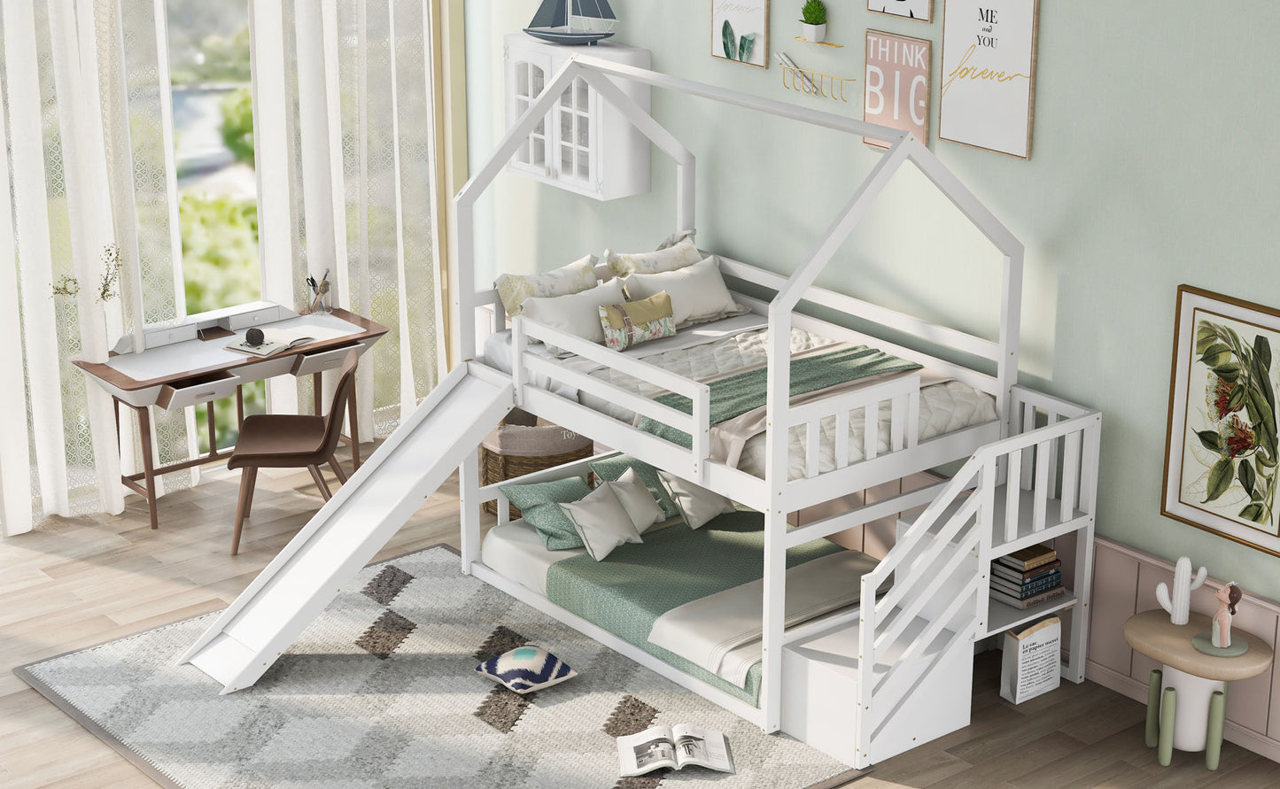 Twin over Twin House Bunk Bed with Convertible Slide; Storage Staircase