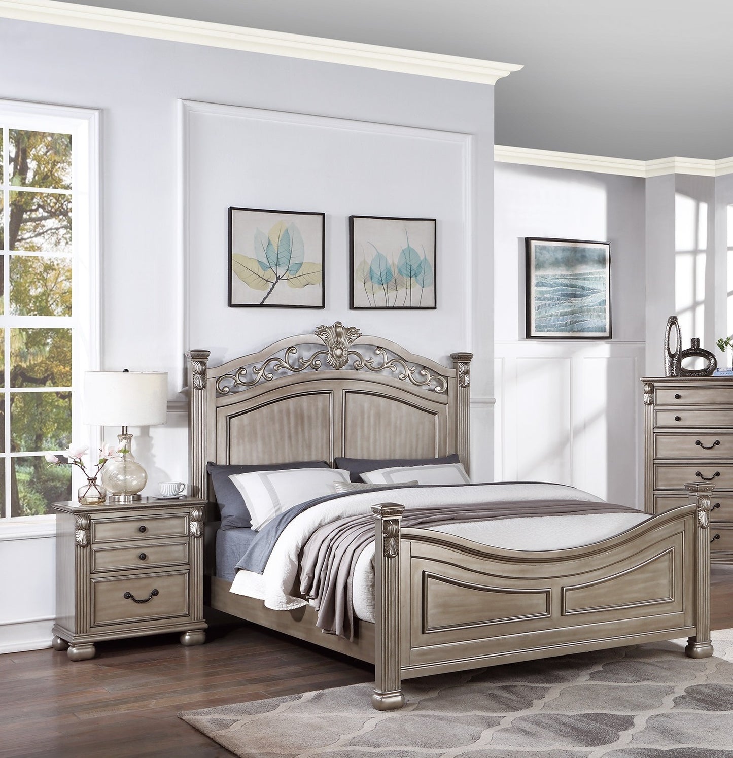 Formal Traditional Antique Silver 1pc California King Size Bed Unique Design Headboard Footboard Bedframe