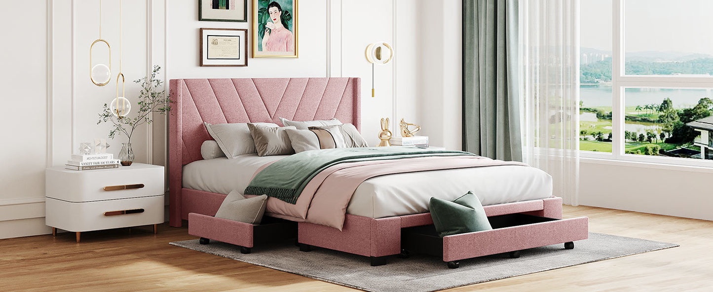 Queen Size Storage Bed Linen Upholstered Platform Bed with 3 Drawers (Pink)