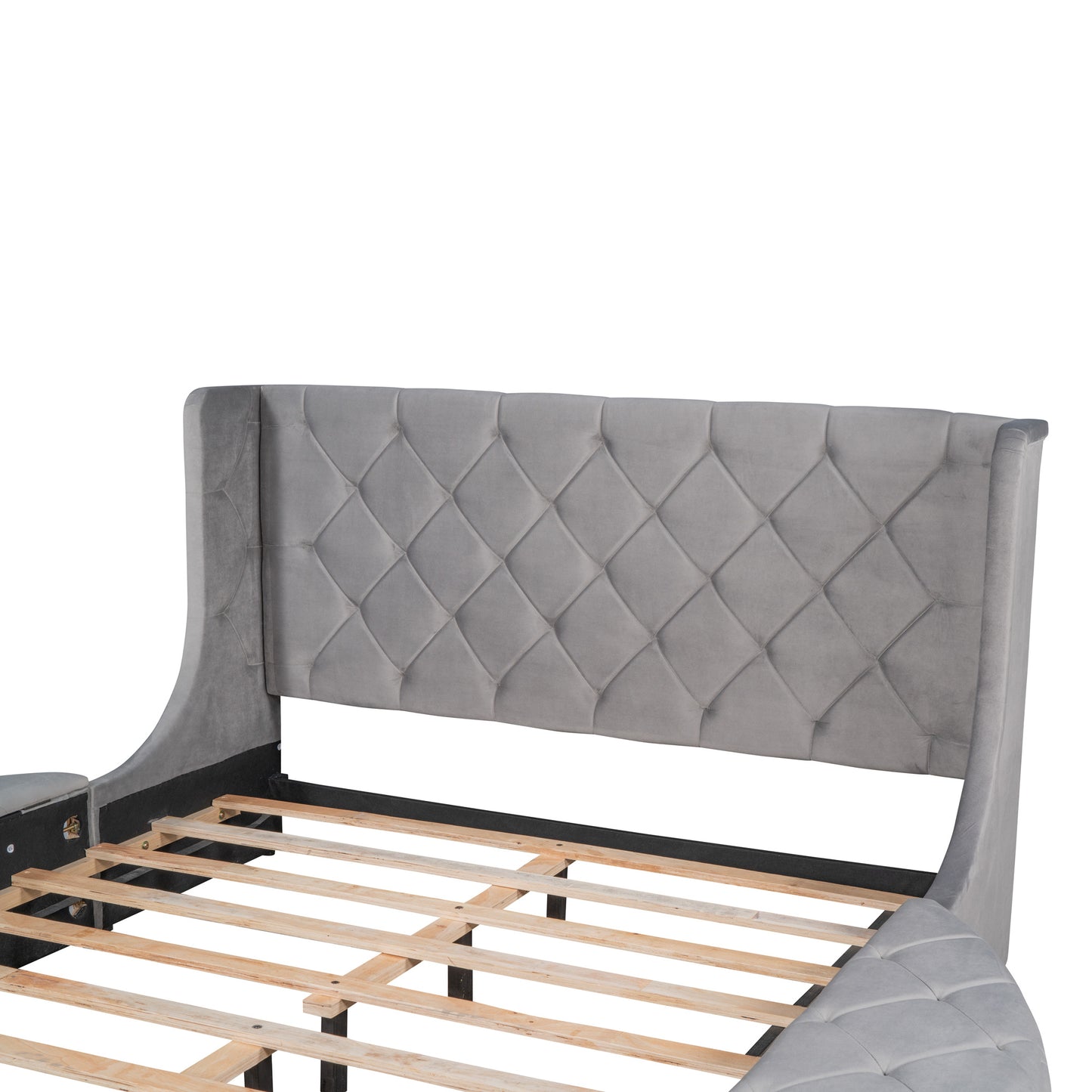 Upholstered Platform Bed Queen Size Storage Velvet Bed with Wingback Headboard and 1 Big Drawer; 2 Side Storage Stool