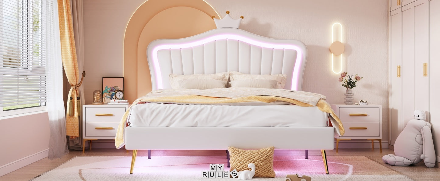 Queen Size Upholstered Bed Frame with LED Lights,Modern Upholstered Princess Bed With Crown Headboard,White