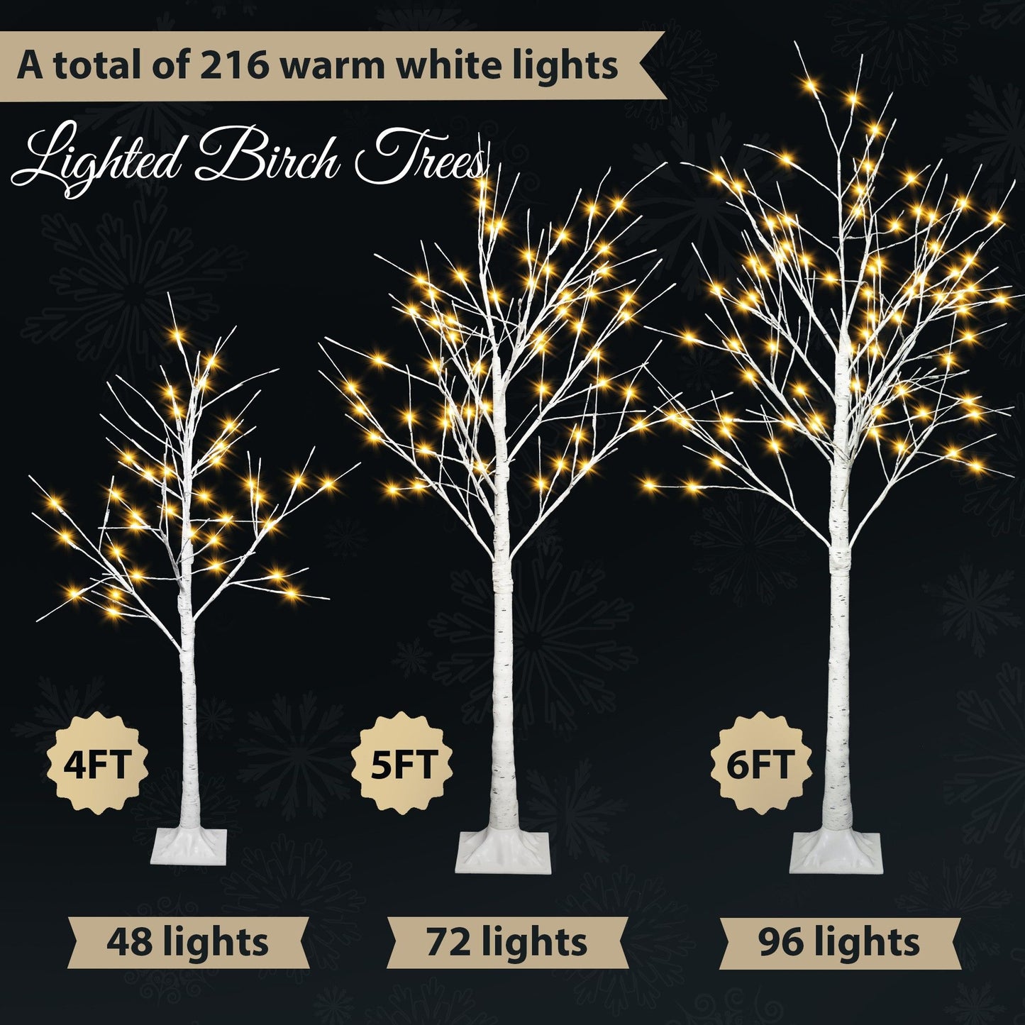 4FT, 5FT, 6FT Artificial Lighted Birch Tree Set of 3 with Warm LED Lights, Christmas, Party Decor