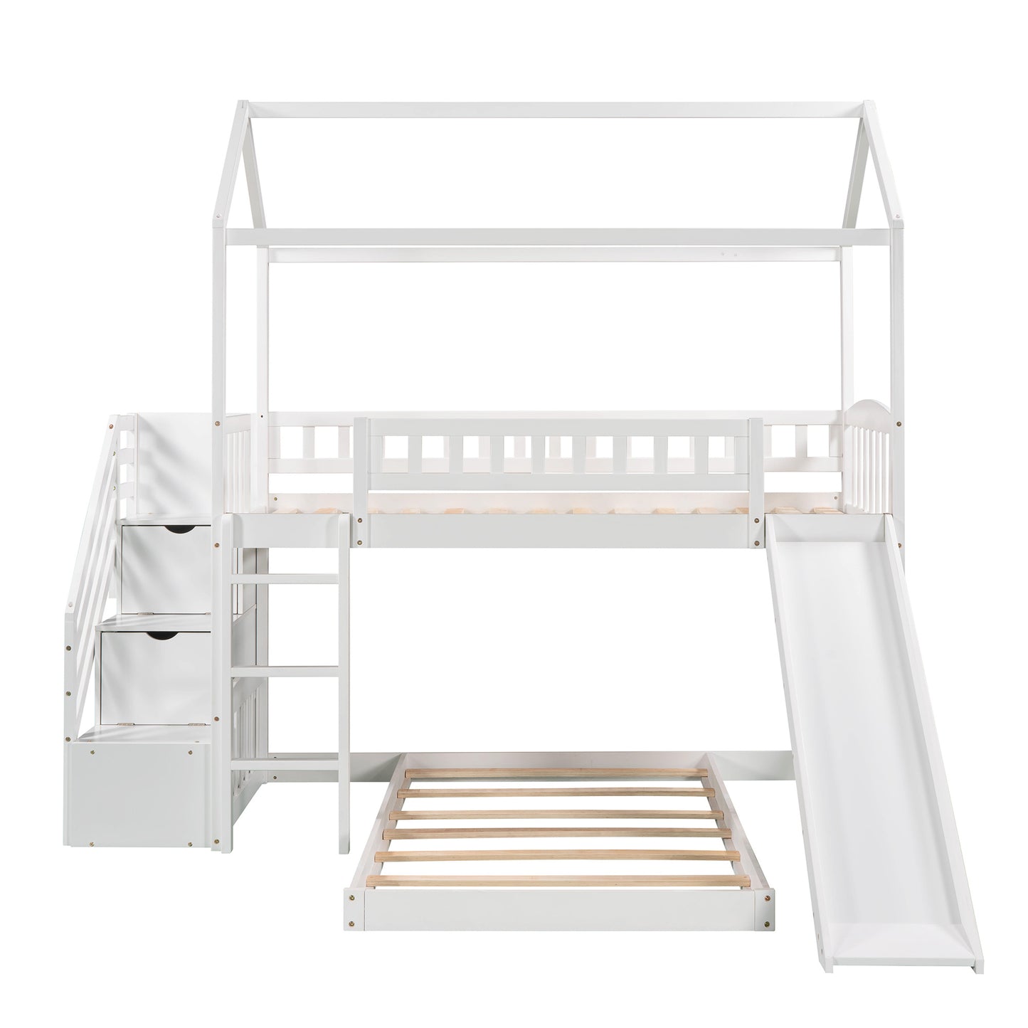 Twin Over Twin Bunk Bed with Two Drawers and Slide, House Bed with Slide