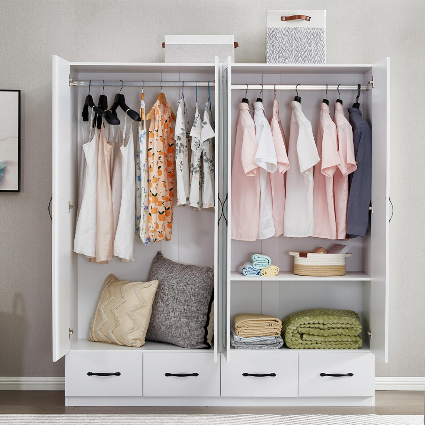 Armoire Wardrobe Closet 4 Door: 4 Drawers Wooden Cabinet Closet Wardrobe with Mirror and Hanging Rod High Storage Capacity for White Closet Cabinet 63" L x 20.3" W x 72.7" H