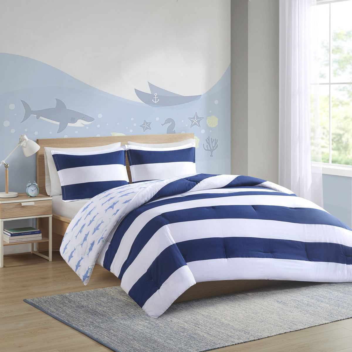 Cotton Cabana Stripe Reversible Comforter Set with Shark Reverse