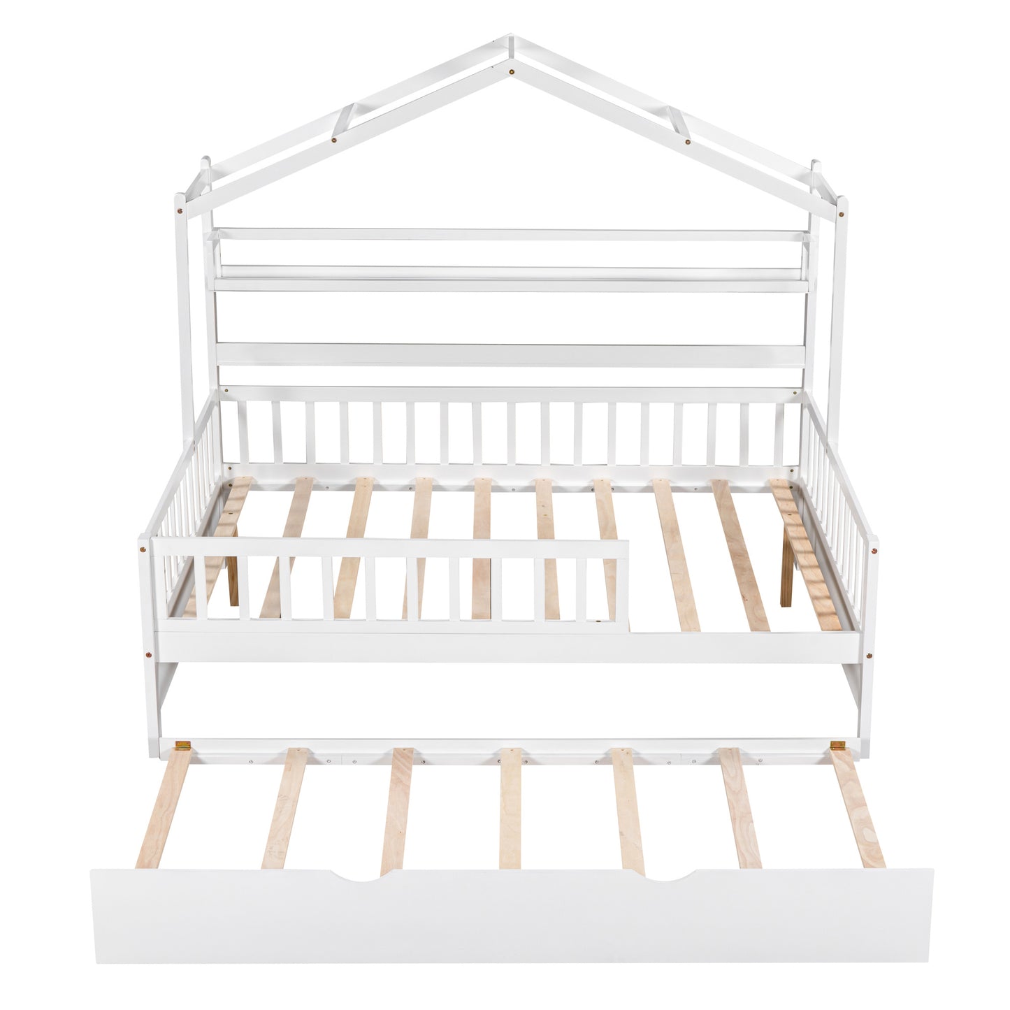 Wooden Full Size House Bed with Twin Size Trundle,Kids Bed with Shelf