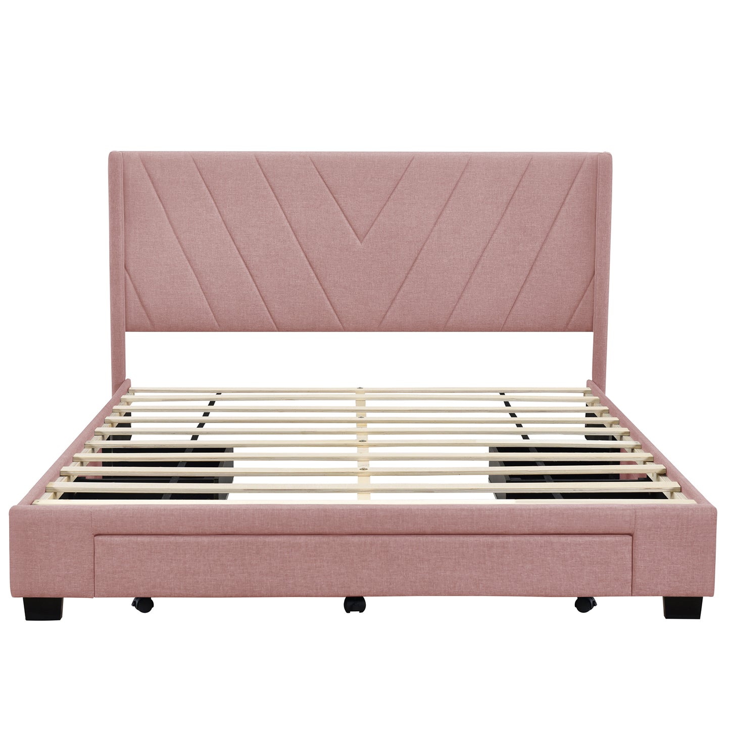 Queen Size Storage Bed Linen Upholstered Platform Bed with 3 Drawers (Pink)