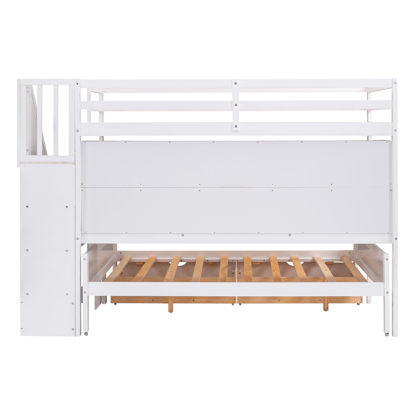 Twin XL over Full Bunk Bed with Built-in Storage Shelves;  Drawers and Staircase