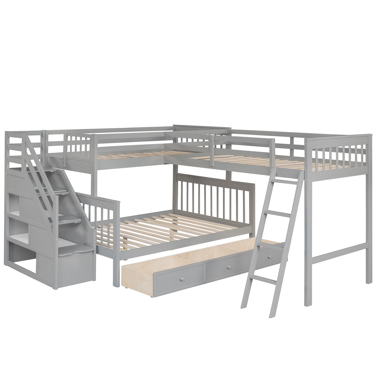 Twin over Full L-Shaped Bunk Bed With 3 Drawers, Ladder and Staircase