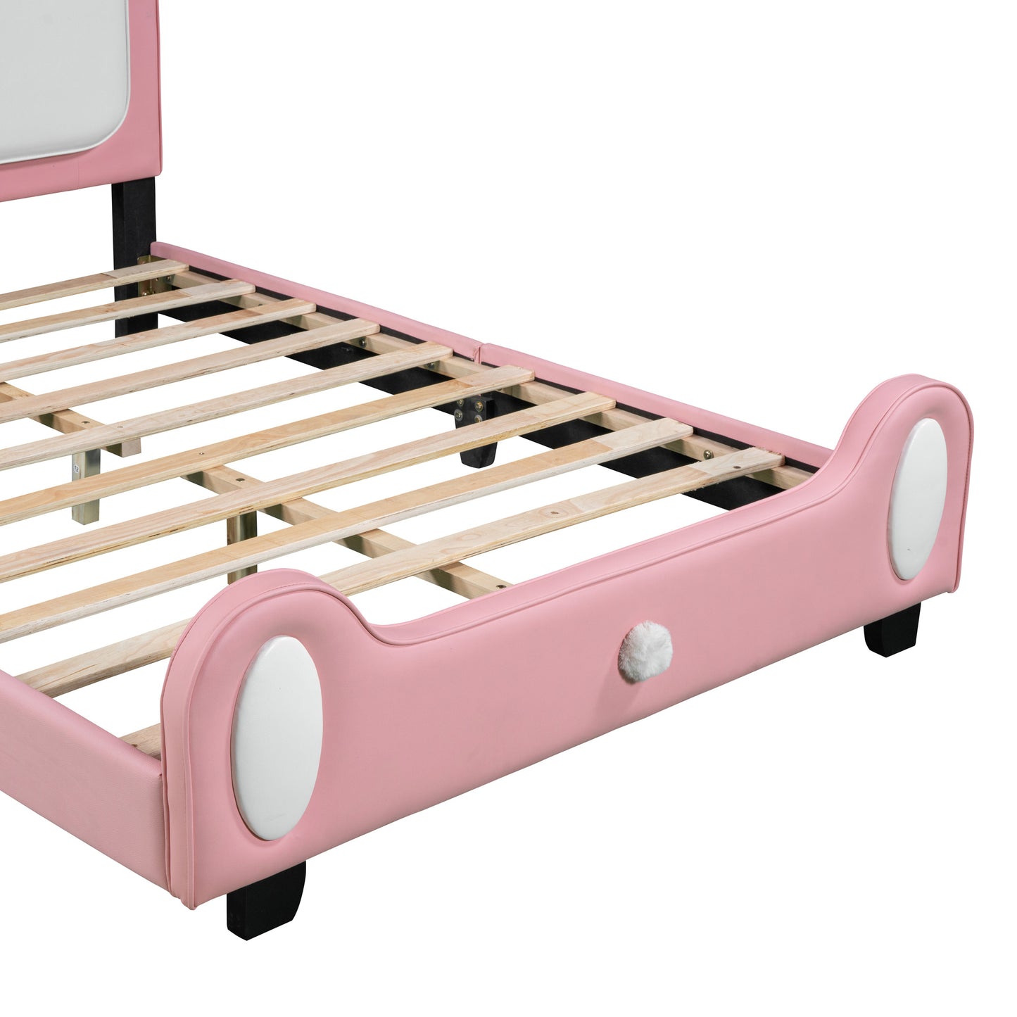 Full size Upholstered Rabbit-Shape Princess Bed ,Full Size Platform Bed with Headboard and Footboard,White+Pink