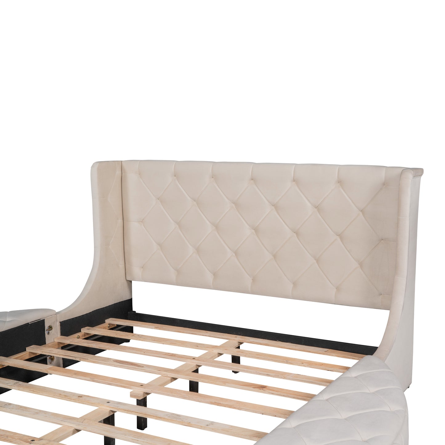 Upholstered Platform Bed Queen Size Storage Velvet Bed with Wingback Headboard and 1 Big Drawer; 2 Side Storage Stool