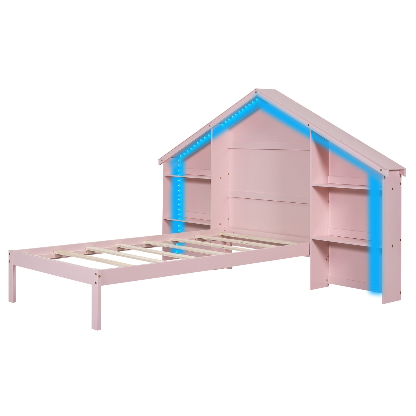 Wood Twin Size Platform Bed with House-shaped Storage Headboard and Built-in LED, Pink