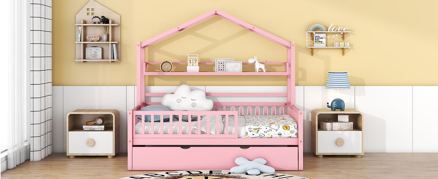 Wooden Full Size House Bed with Twin Size Trundle,Kids Bed with Shelf