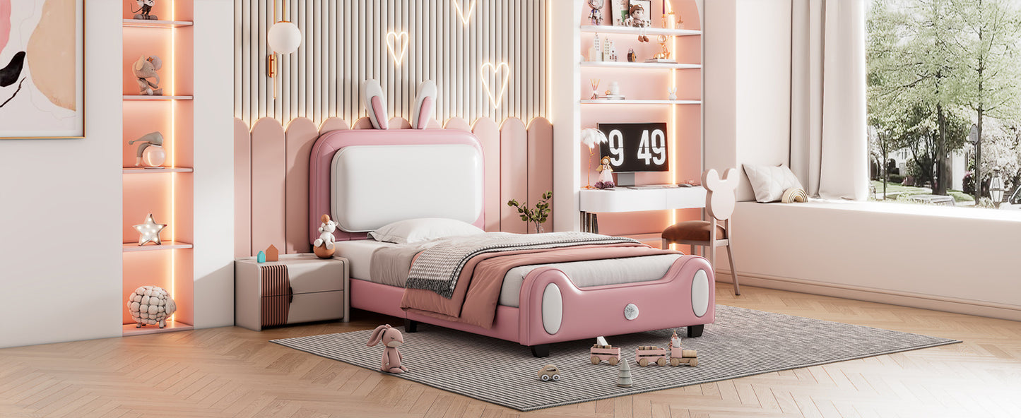 Twin size Upholstered Rabbit-Shape Princess Bed ,Twin Size Platform Bed with Headboard and Footboard