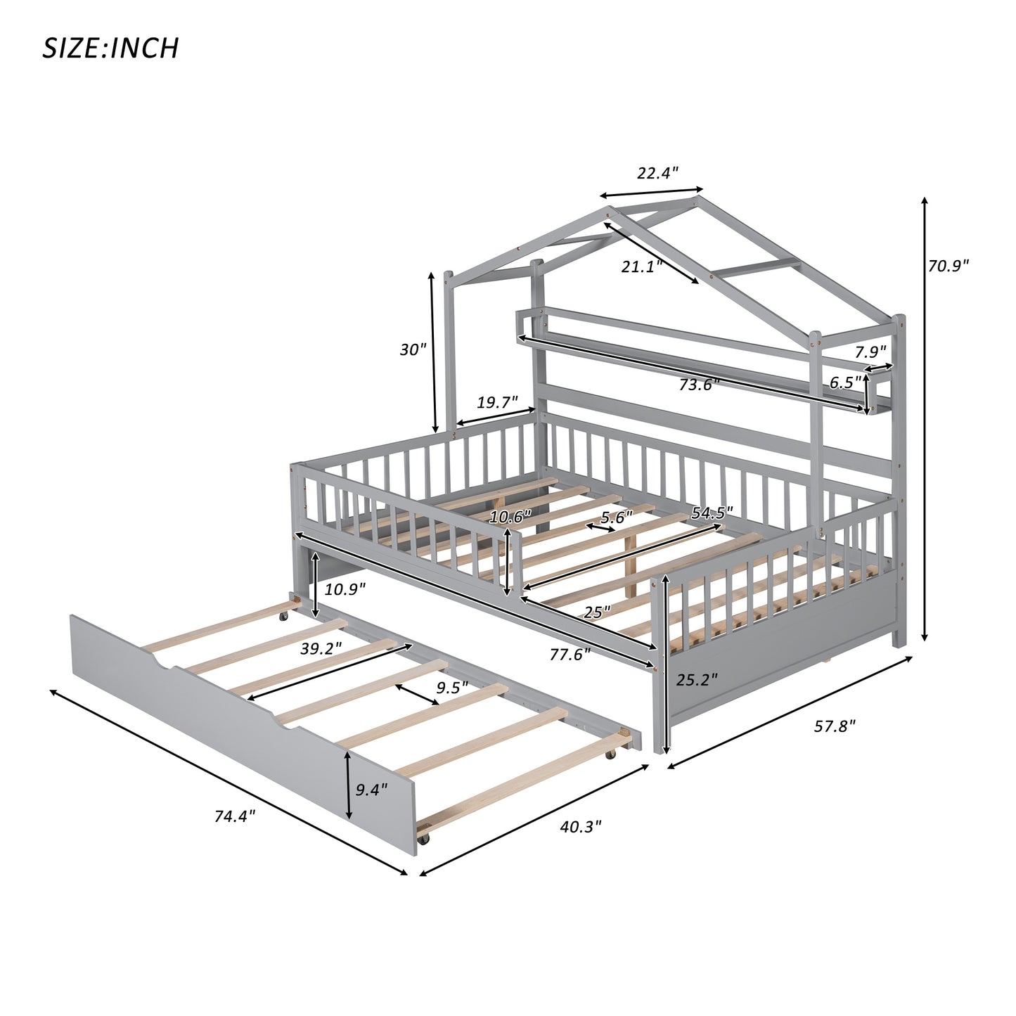 Wooden Full Size House Bed with Twin Size Trundle,Kids Bed with Shelf