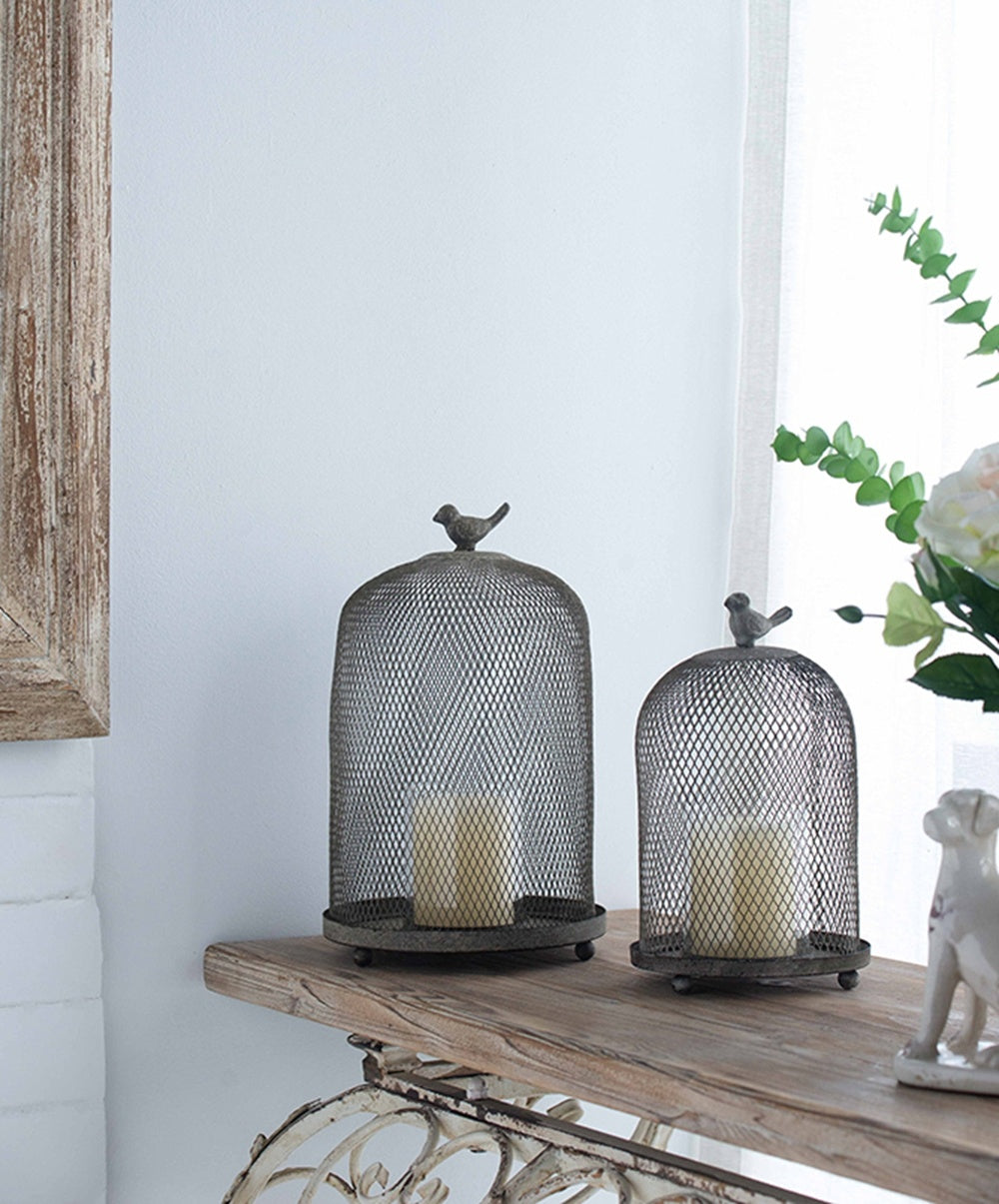 Set of 2 Ophira Sparrow Antique Gray Mesh Candle Holders, L: D8.5x13" S: D7x10"