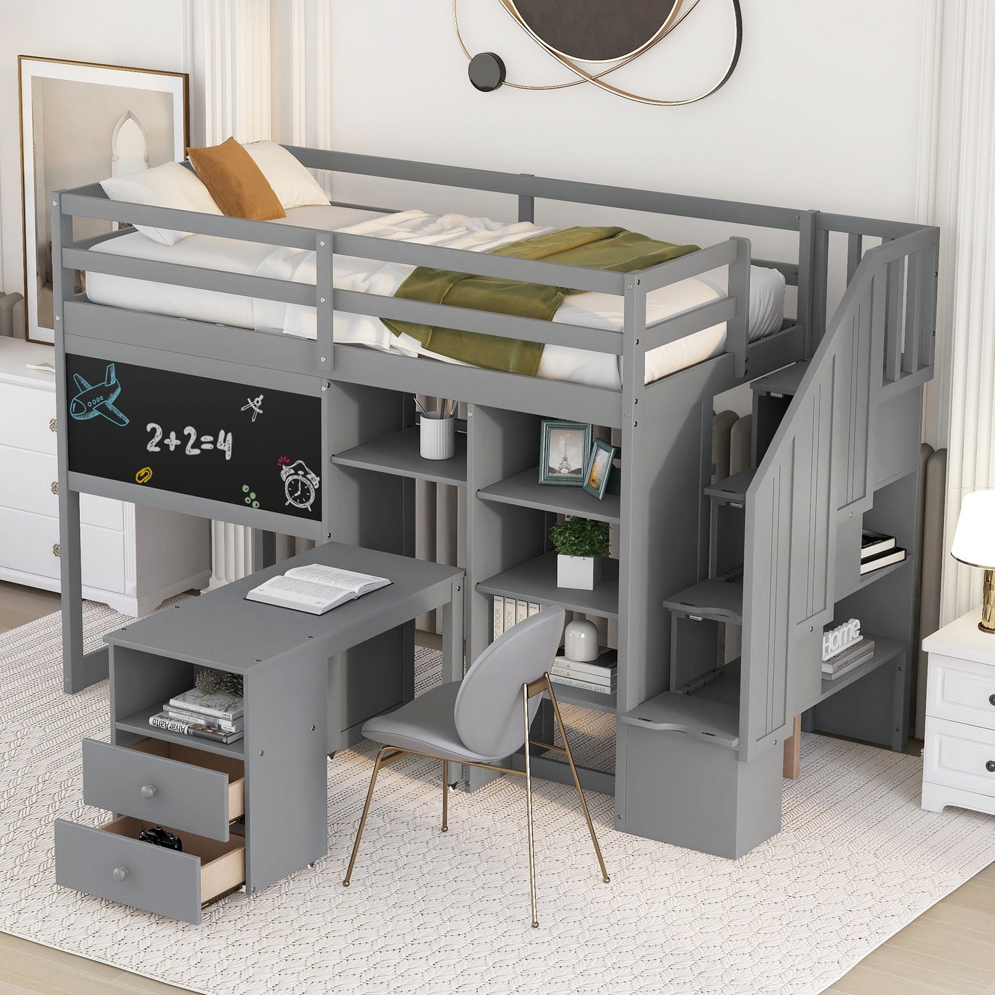 Twin Size Loft Bed with Pullable Desk and Storage Shelves; Staircase and Blackboard