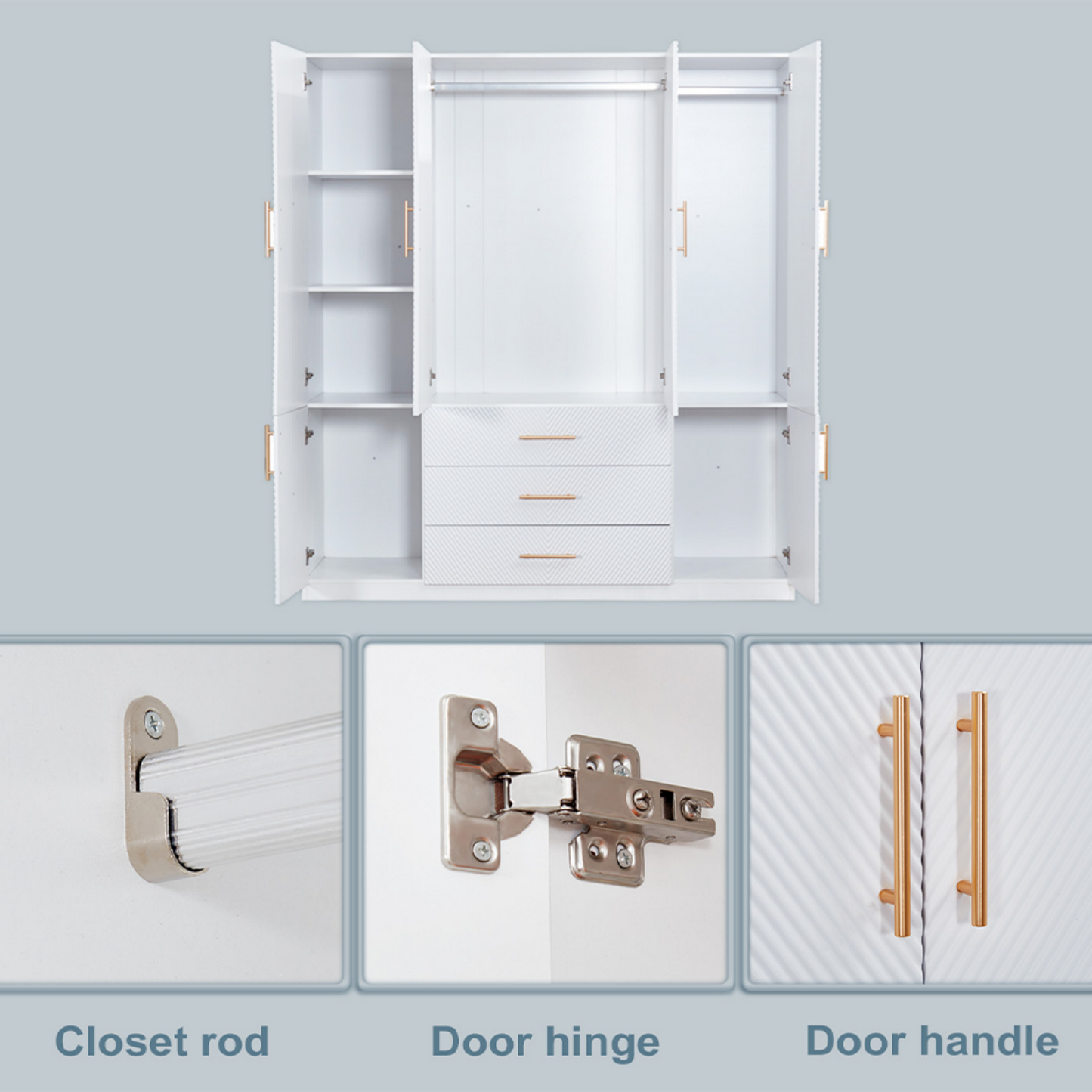 74.2" 4 Door Wardrobe with Hanging Rods in White 63"L x 20.3"W x 74.2"H