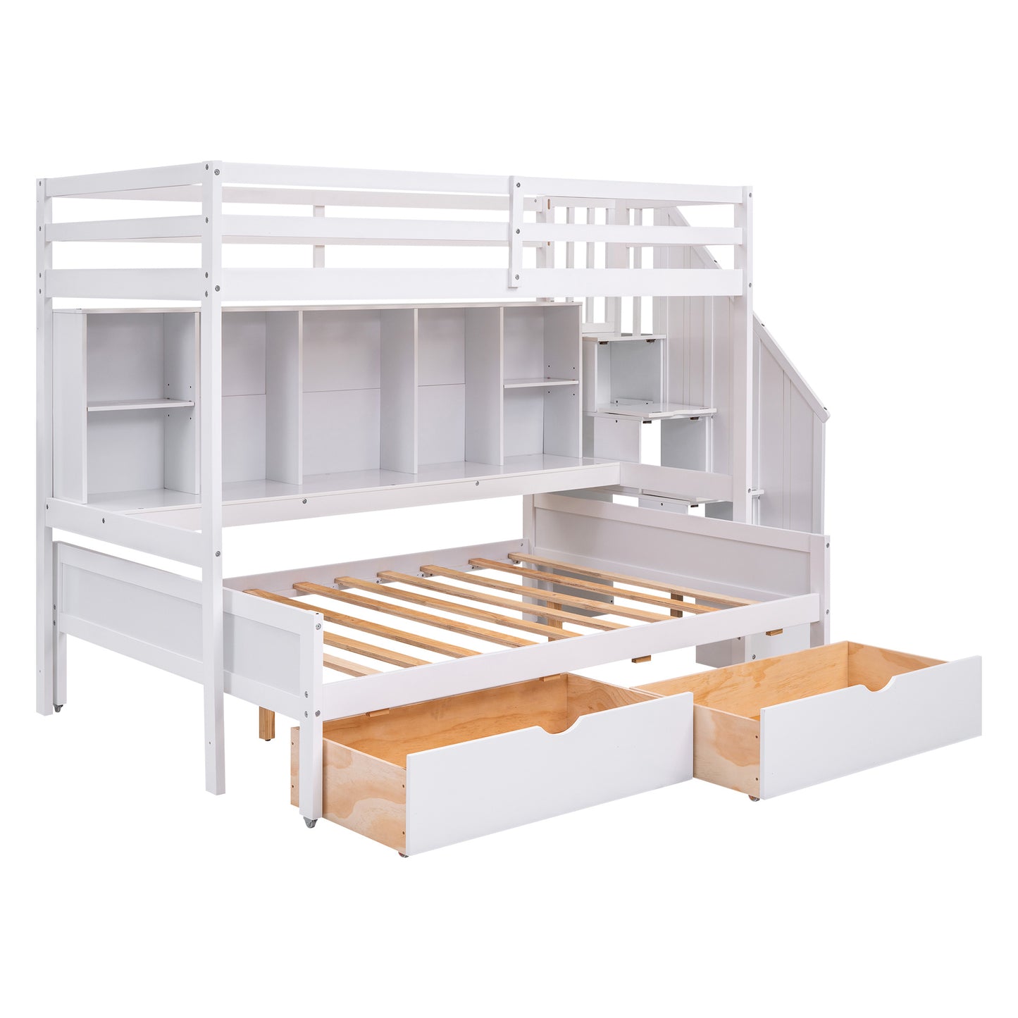 Twin XL over Full Bunk Bed with Built-in Storage Shelves;  Drawers and Staircase