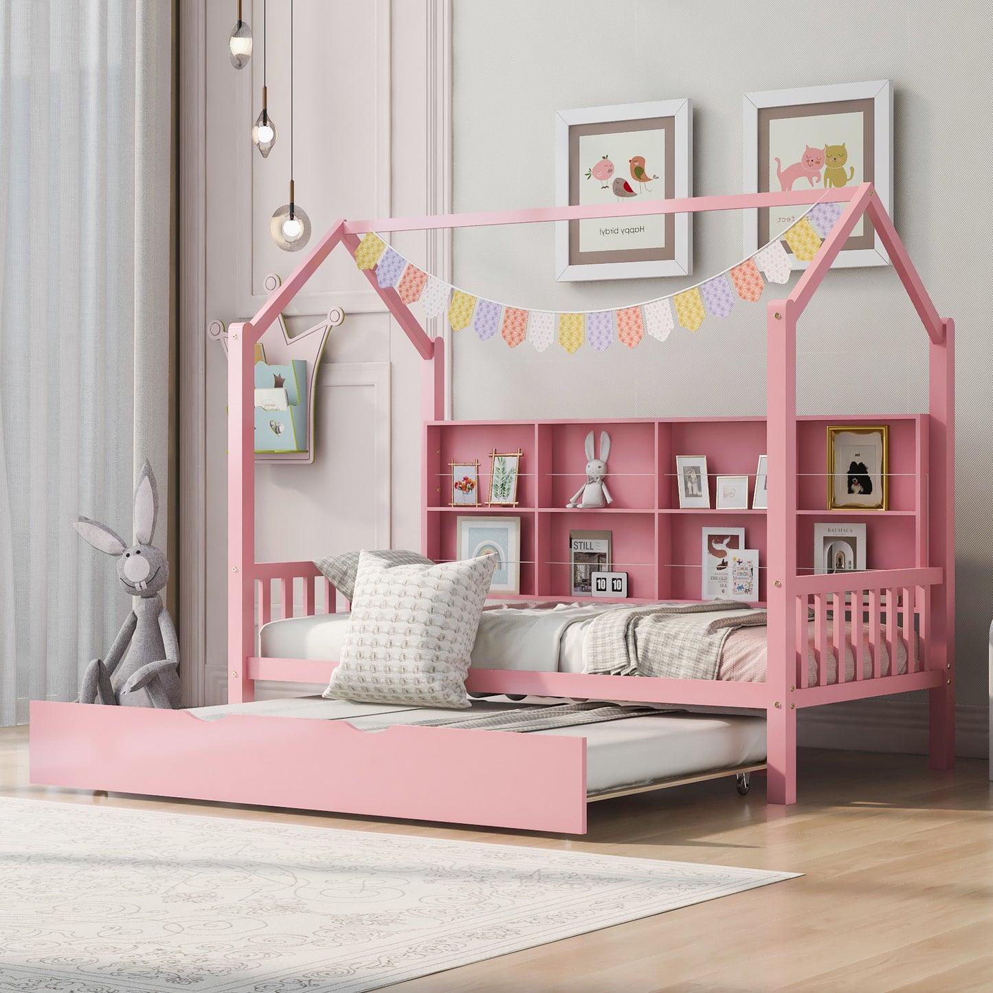 Wooden Twin Size House Bed with Trundle,Kids Bed with Shelf