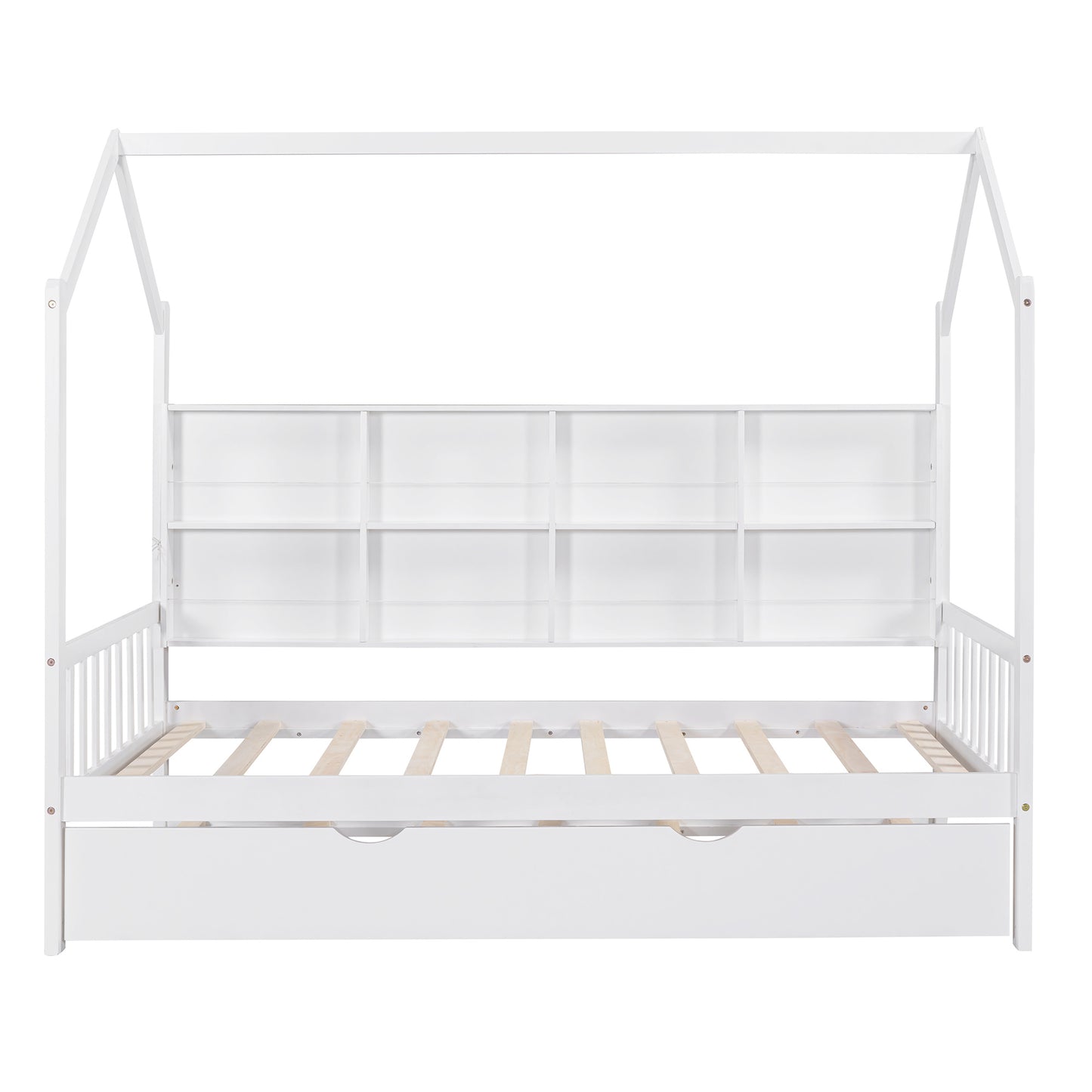 Wooden Twin Size House Bed with Trundle,Kids Bed with Shelf